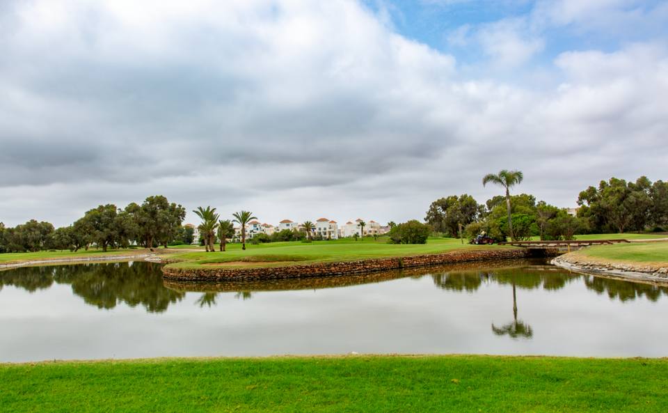 Golf Lacs : lac et green, palmiers, villas au fond